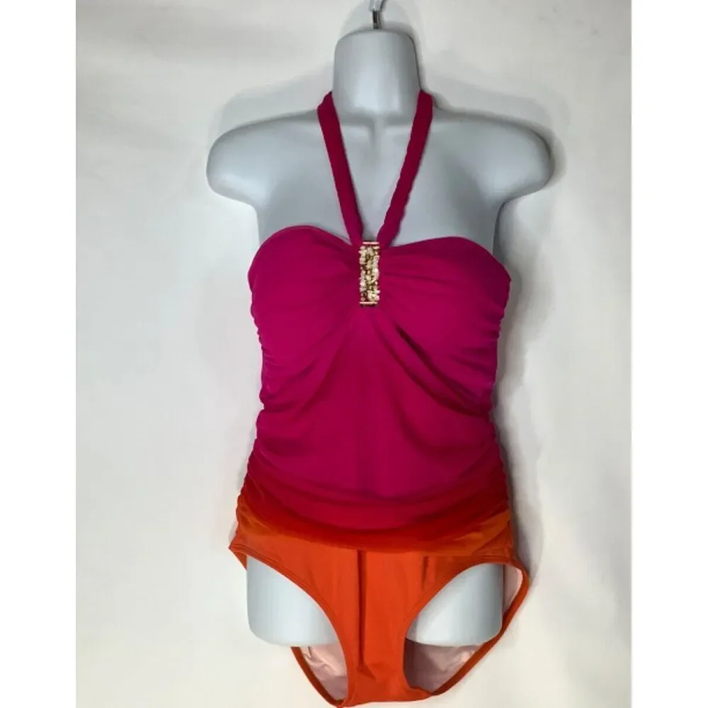 Ralph Lauren Swimsuit One‎ Piece Sz 12 Orange Pink Ruffle Halter Rhinestones